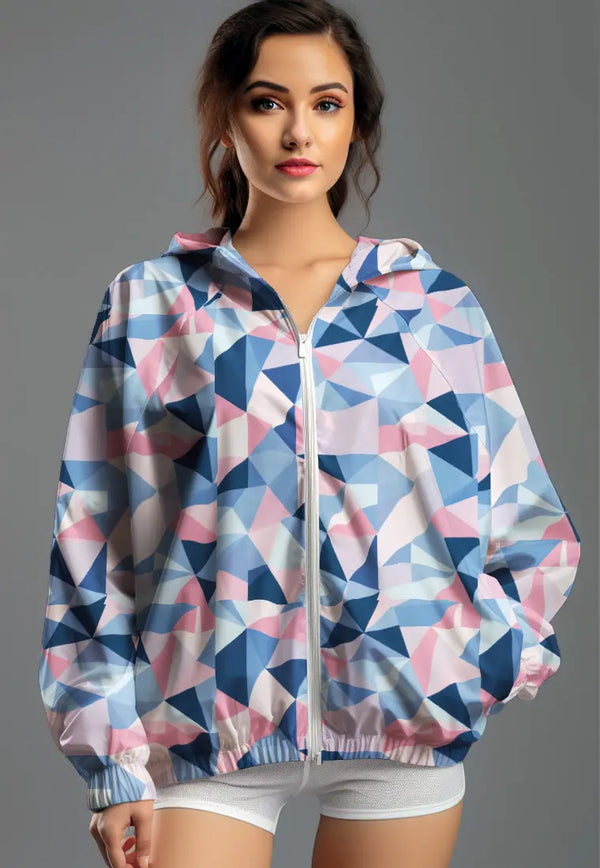 LSD01 jaket lari wanita parasut motif "triangle blue" putih multicolor