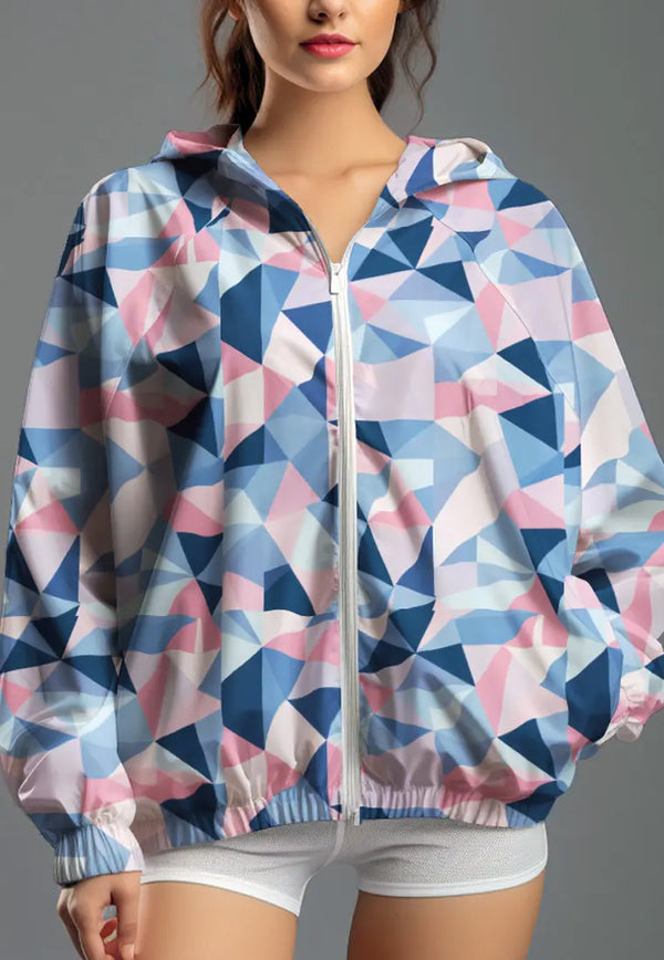 LSD01 jaket lari wanita parasut motif "triangle blue" putih multicolor