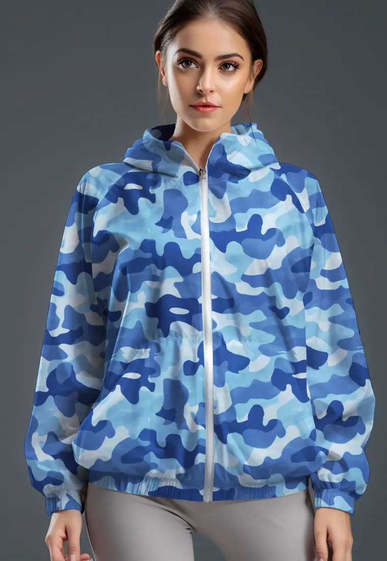 LSC89 jaket lari wanita parasut motif "blue white camo" putih multicolor