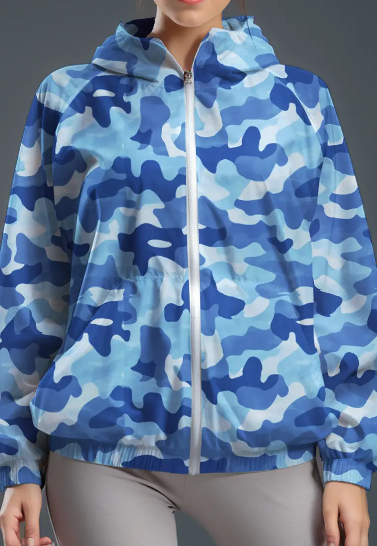 LSC89 jaket lari wanita parasut motif "blue white camo" putih multicolor