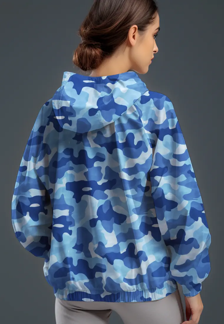 LSC89 jaket lari wanita parasut motif "blue white camo" putih multicolor