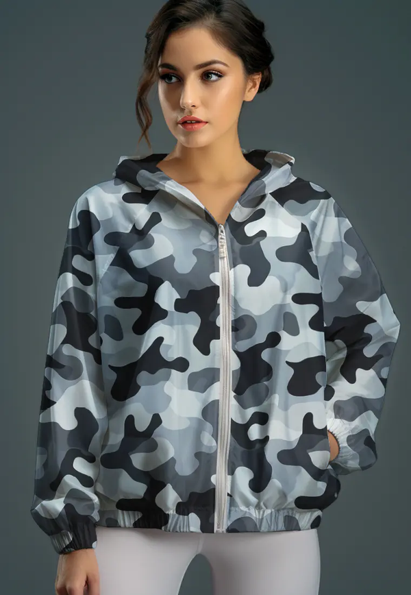 LSC91 jaket lari wanita parasut motif "grey camo" putih multicolor