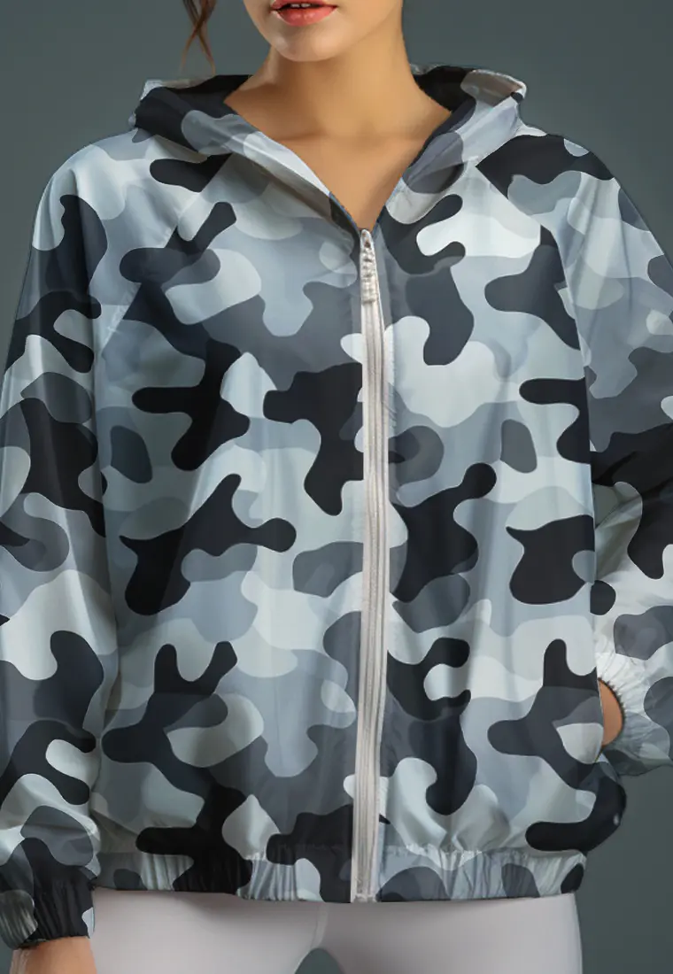 LSC91 jaket lari wanita parasut motif "grey camo" putih multicolor