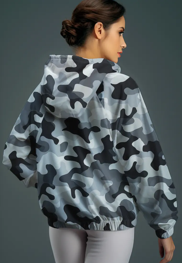 LSC91 jaket lari wanita parasut motif "grey camo" putih multicolor