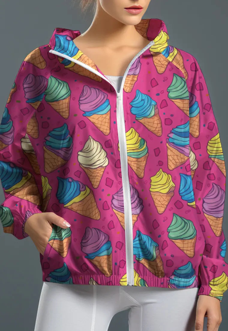 LSC99 jaket lari wanita parasut motif "ice cream pink" pink multicolor