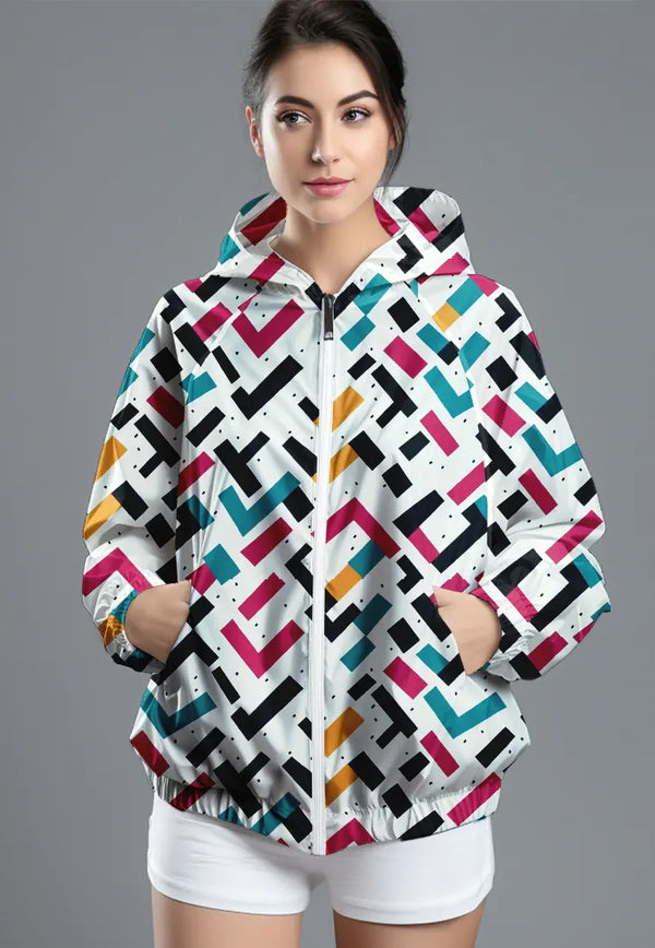 LSC82 CJK Jaket Olahraga Parasut Wanita Waterproof Motif "colorful tetris" warna warni