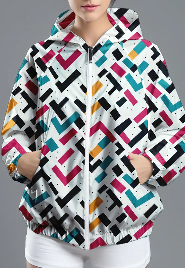 LSC82 CJK Jaket Olahraga Parasut Wanita Waterproof Motif "colorful tetris" warna warni