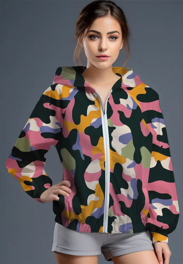 LSC84 CJK Jaket Olahraga Parasut Wanita Waterproof Motif "colorful camo" warna warni