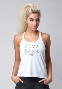 LSB97 Tank Top Kaos Crop Yoga Instacool "sava sana" Putih