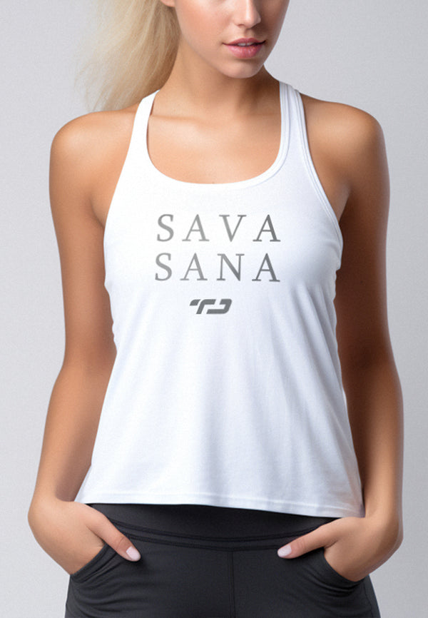 LSB97 Tank Top Kaos Crop Yoga Instacool "sava sana" Putih