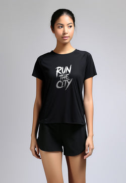 LSC27 Kaos Lari Wanita Lengan Pendek instadry "Run the City" hitam