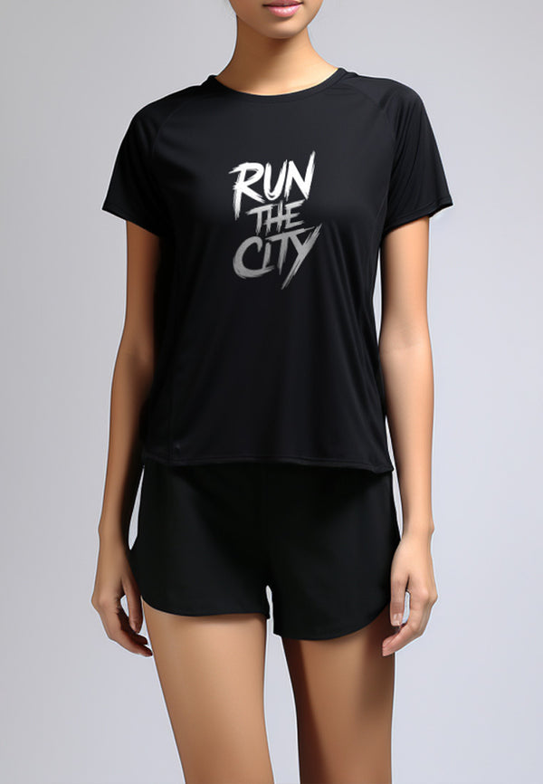 LSC27 Kaos Lari Wanita Lengan Pendek instadry "Run the City" hitam