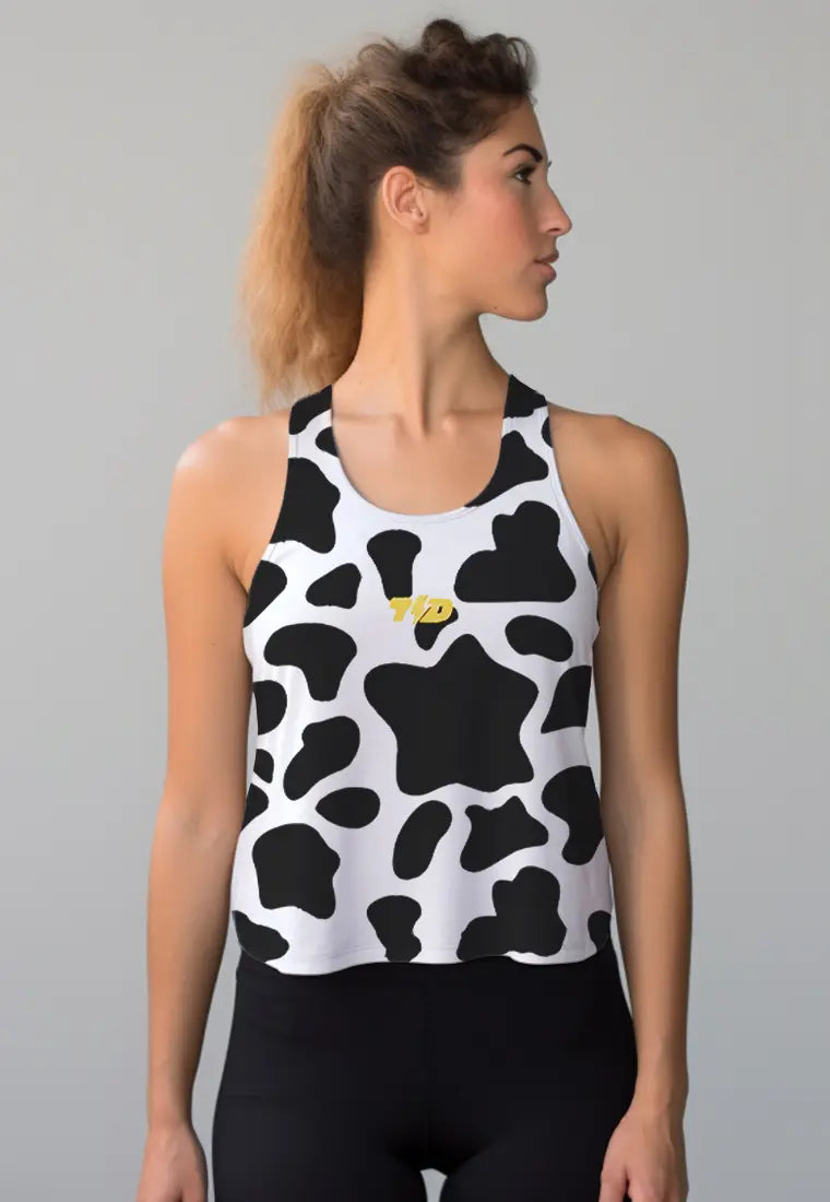 LSC67 Crop Tank Olahraga Gym Crossfit Lifting Motif Abstrak "cow" hitam putih