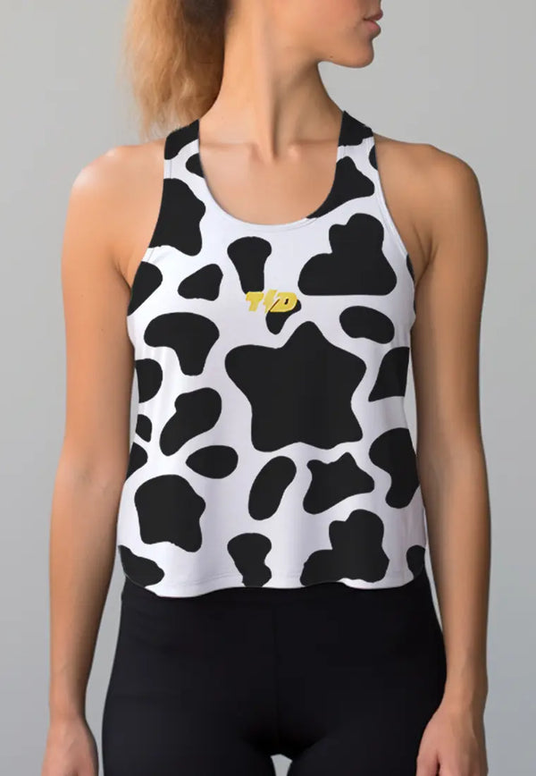 LSC67 Crop Tank Olahraga Gym Crossfit Lifting Motif Abstrak "cow" hitam putih