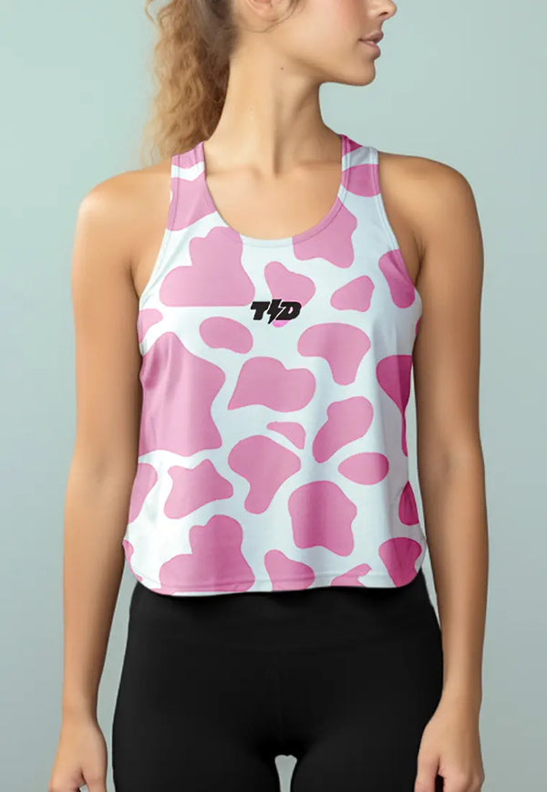 LSC68 Crop Tank Olahraga Gym Crossfit Lifting Motif Abstrak "cow" pink putih