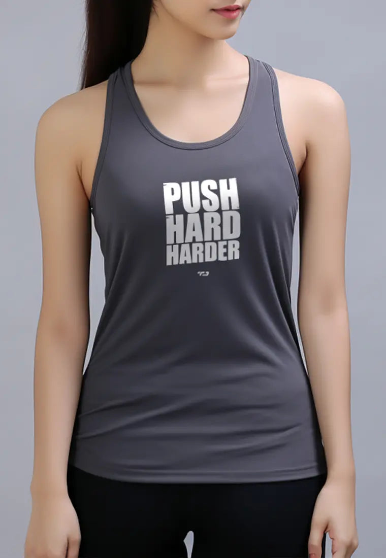 LSC71 Tank Top Olahraga Wanita drifit "push hard harder" abu