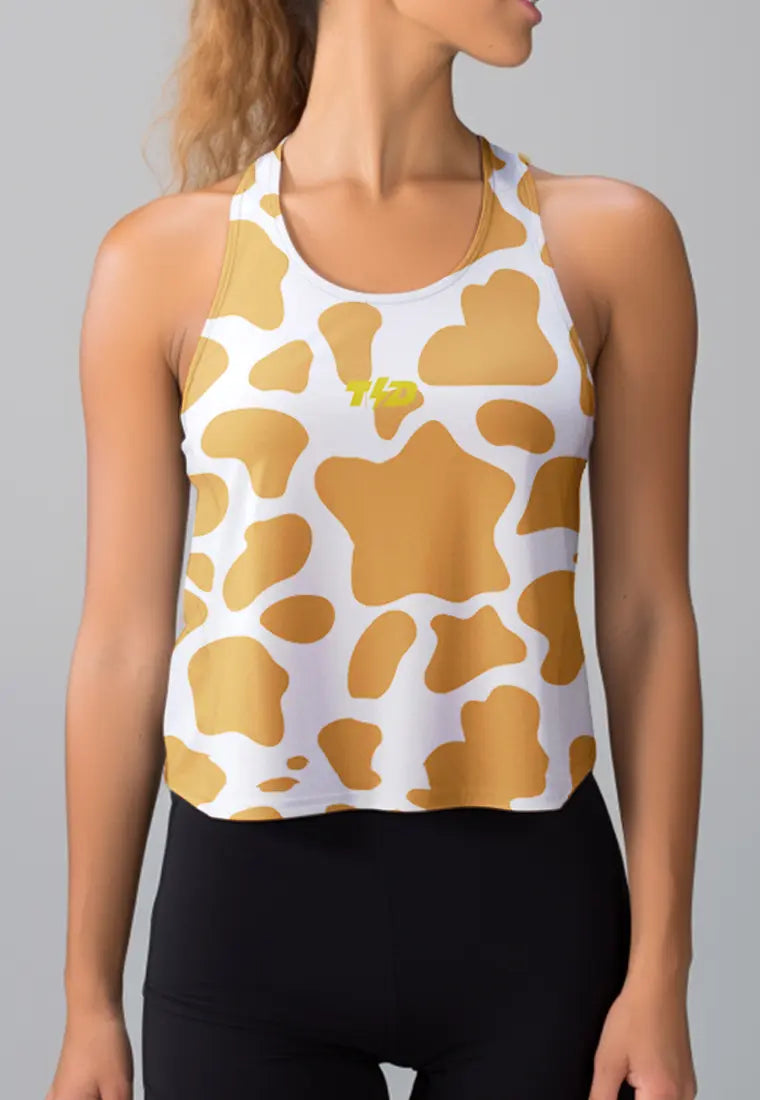 LSC72 Crop Tank Olahraga Crossfit Weightlifting Gym Motif Cow khaki