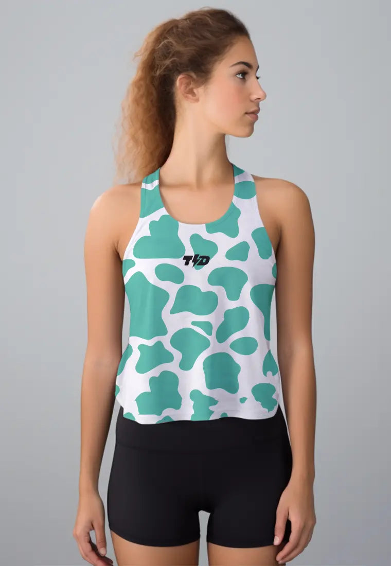 LSC73 Crop Tank Olahraga Crossfit Weightlifting Gym Motif Cow hijau turquoise