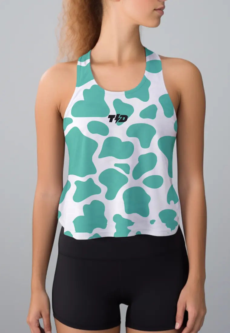 LSC73 Crop Tank Olahraga Crossfit Weightlifting Gym Motif Cow hijau turquoise