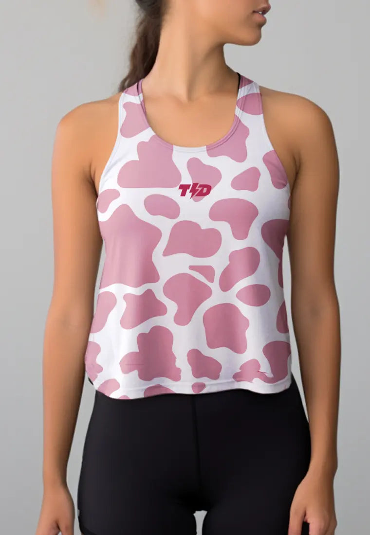 LSC74 Crop Tank Olahraga Crossfit Weightlifting Gym Motif Cow pink pale