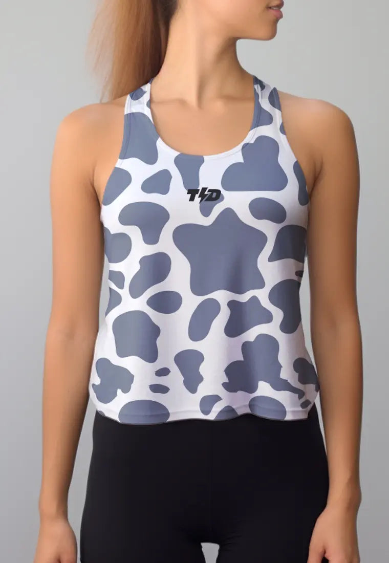 LSC75 Crop Tank Olahraga Crossfit Weightlifting Gym Motif Cow abu