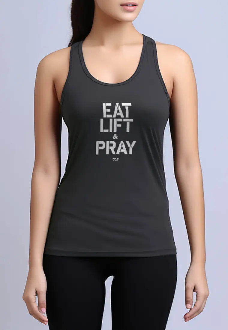 LSC87 atasan gym wanita instadry "eat lift pray" abu tua