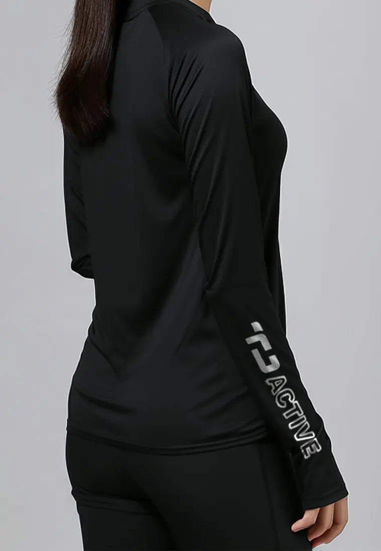 LSD16 baju lari wanita lengan panjang jersey stretch "td active outline" hitam