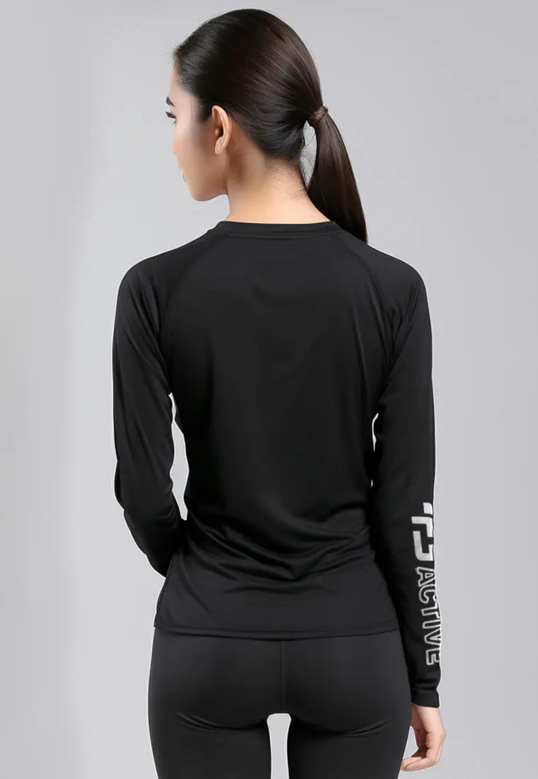 LSD16 baju lari wanita lengan panjang jersey stretch "td active outline" hitam