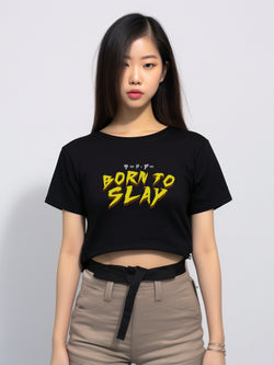 TDLA LTE52 oversize crop top OLC wanita tulisan jepang born to slay hitam