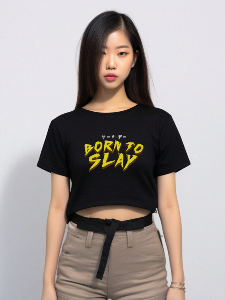 TDLA LTE52 oversize crop top OLC wanita tulisan jepang born to slay hitam