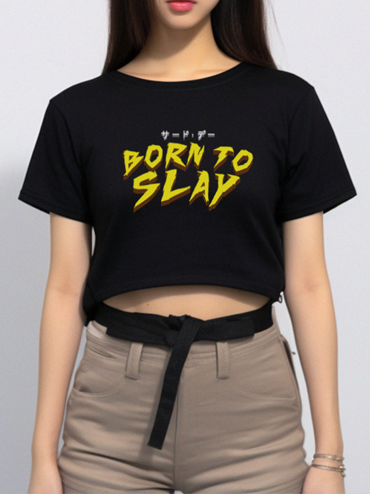 TDLA LTE52 oversize crop top OLC wanita tulisan jepang born to slay hitam