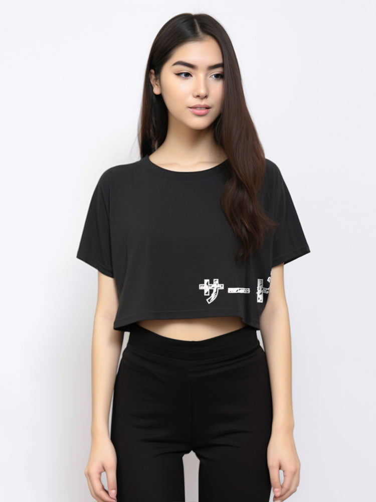 LTE58 oversize wanita crop hitam katakana scribble