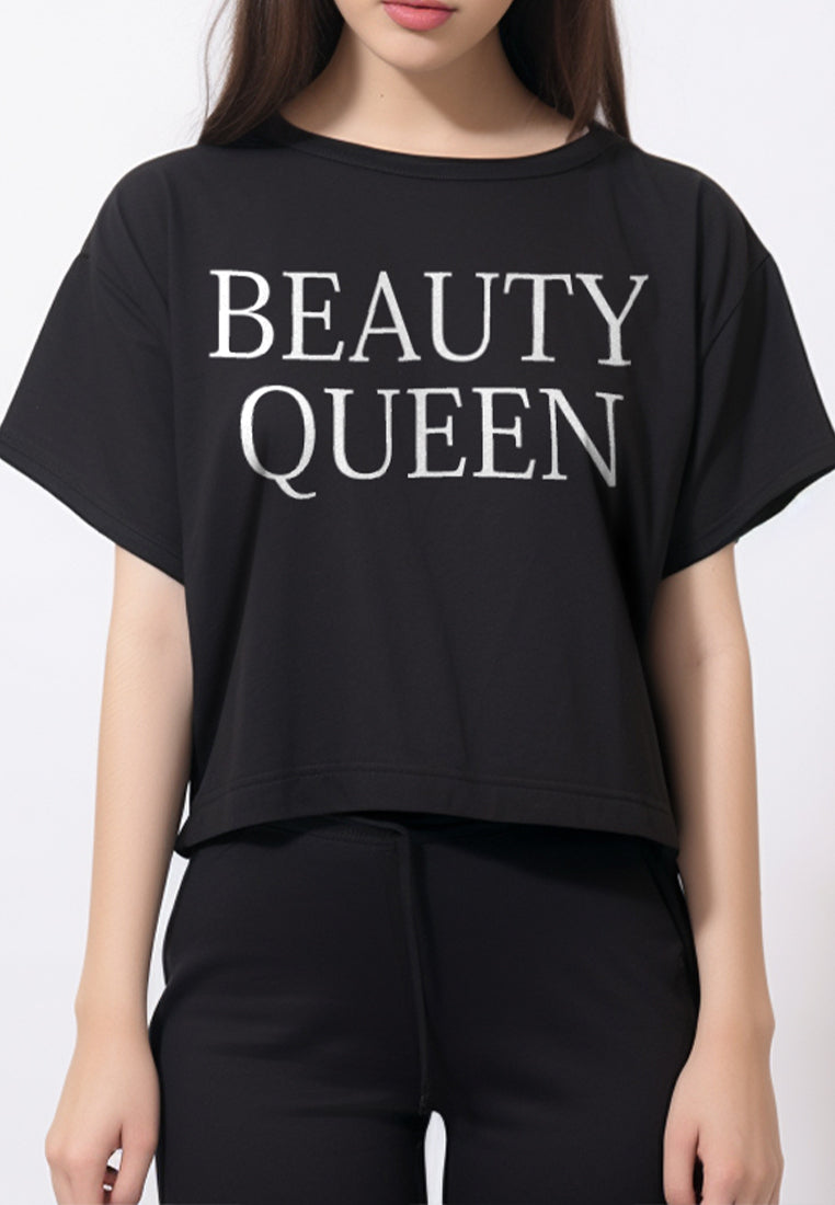 LTE70 kaos oversize OLC crop top BEAUTY QUEEN hitam