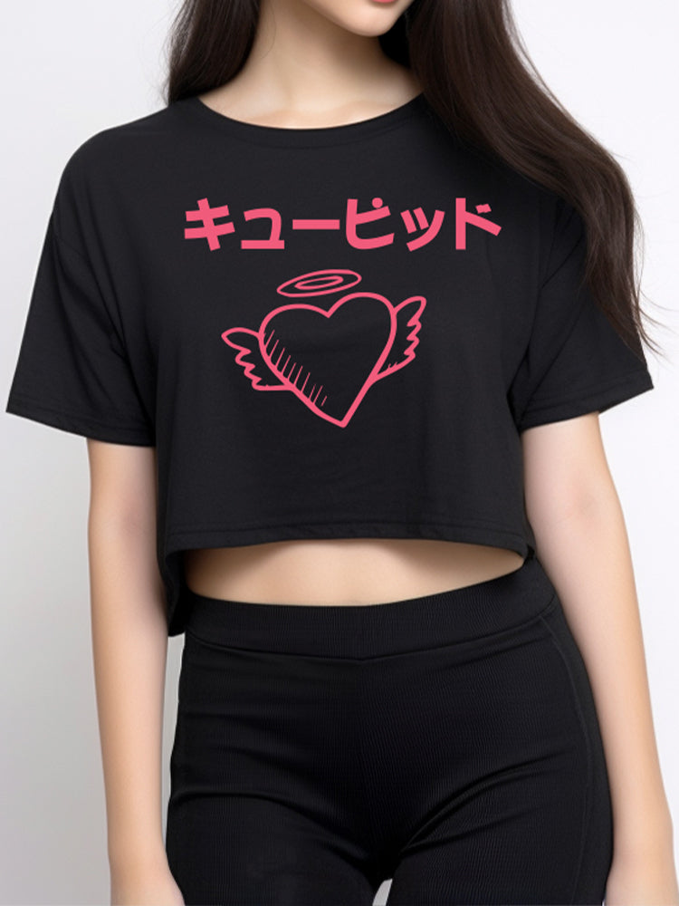 LTE74 oversize crop top OLC anime tulisan jepang pink cupid hitam