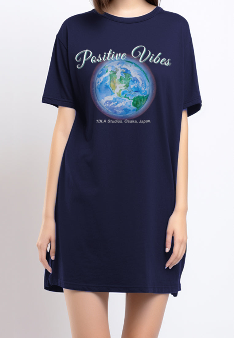 LTE81 ld kaos oversize dress wanita positive vibes earth navy