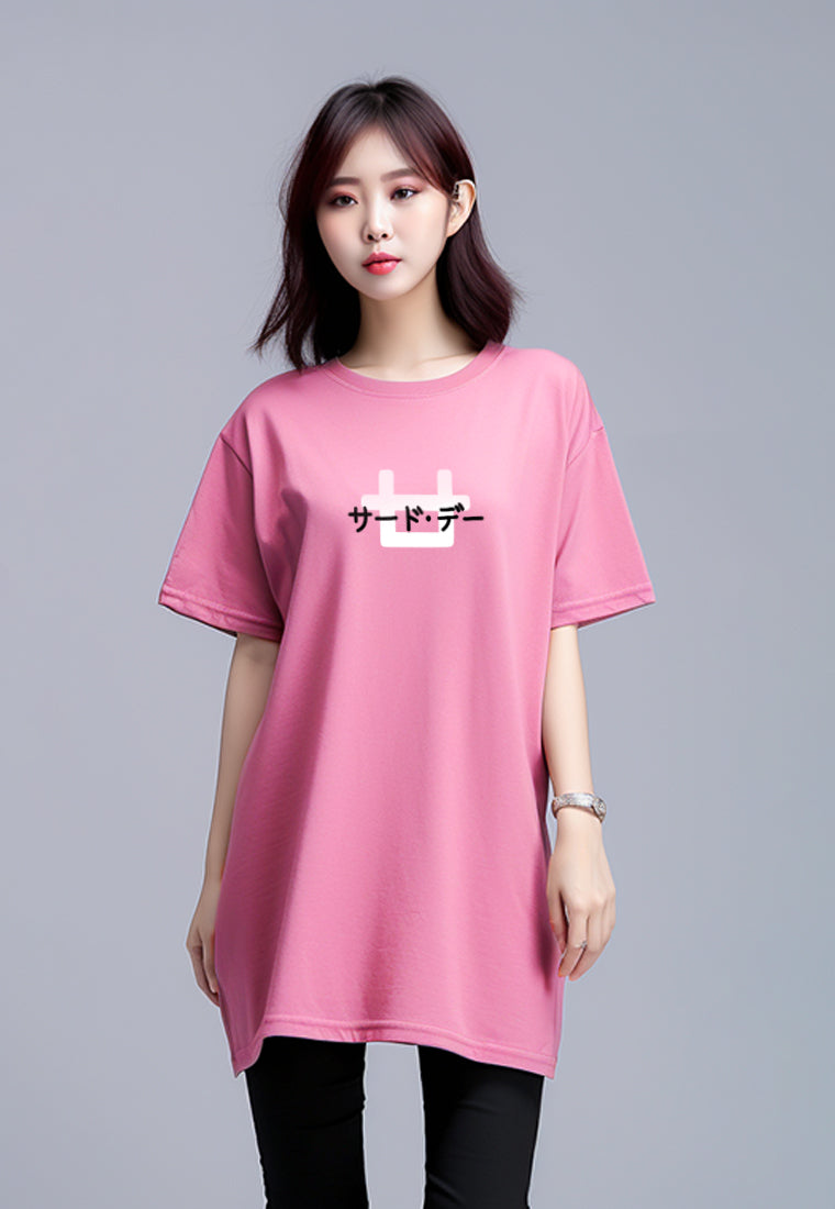 LTE82 ld oversize dress wanita mustard logo back katakan front pink