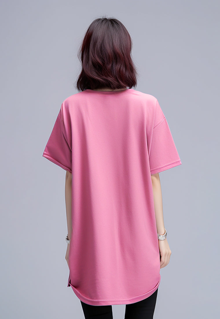 LTE82 ld oversize dress wanita mustard logo back katakan front pink