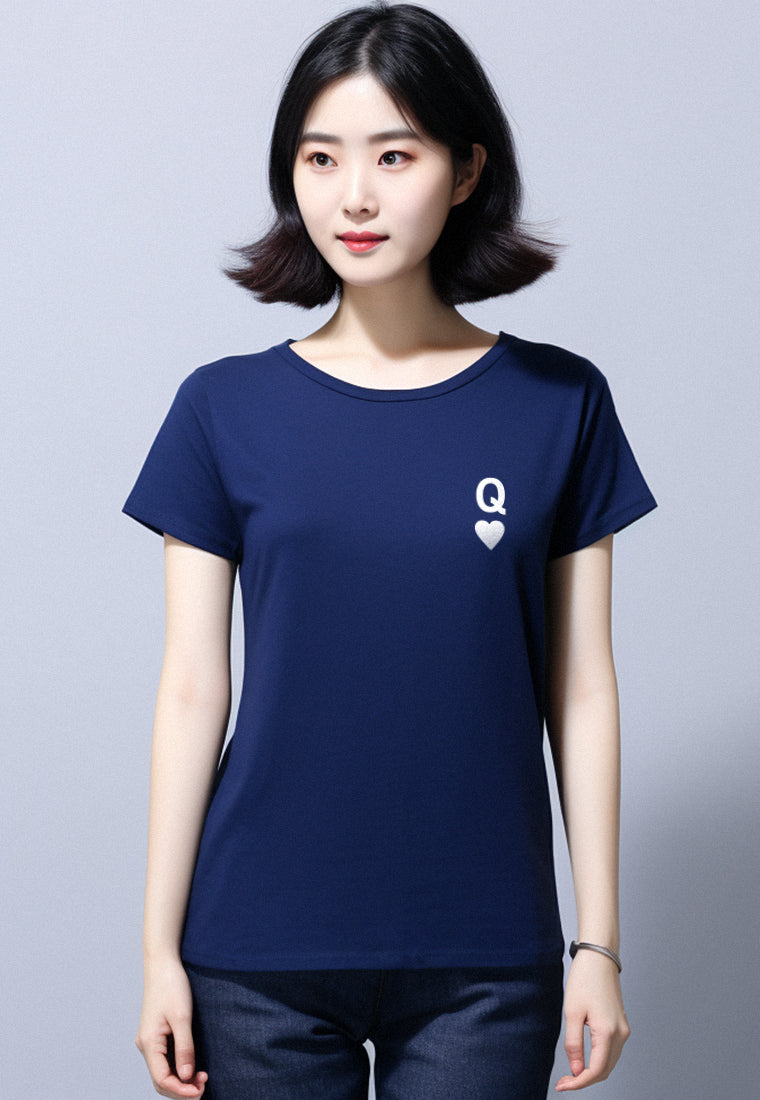 LTF32 kaos wanita lengan pendek slim fit "queen of hearts" instacool navy