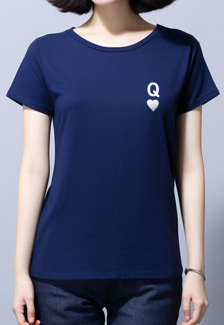 LTF32 kaos wanita lengan pendek slim fit "queen of hearts" instacool navy