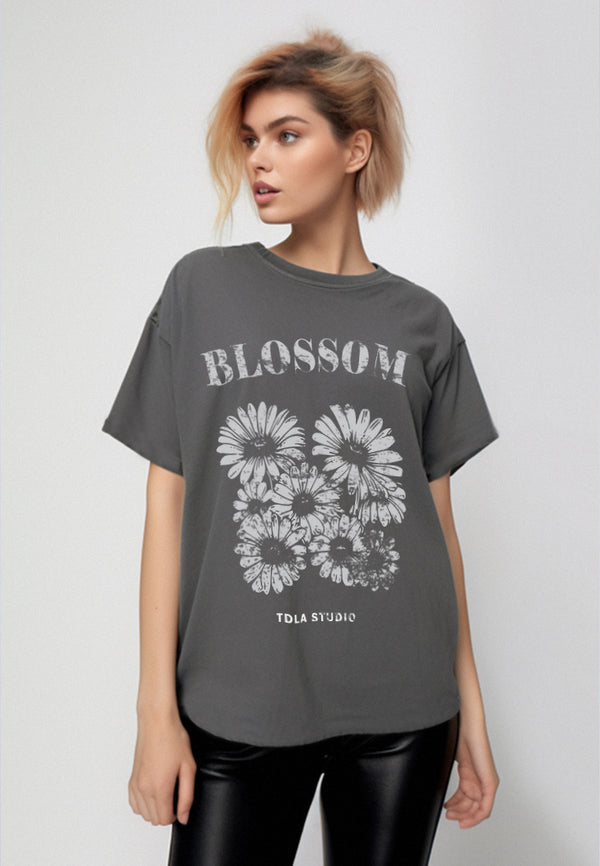 LTF36 kaos oversize wanita dark grey washed washing efek kaos band grunge distressed "blossom" abu tua