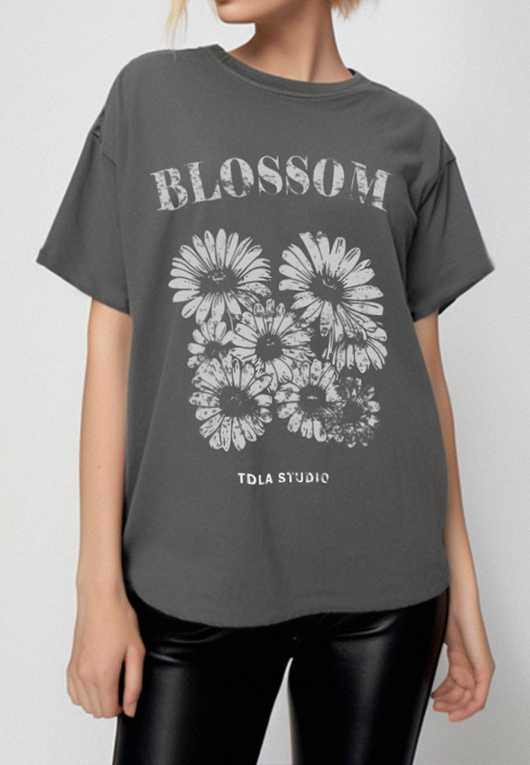 LTF36 kaos oversize wanita dark grey washed washing efek kaos band grunge distressed "blossom" abu tua