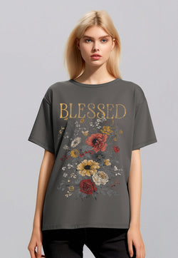 LTF37 kaos oversize wanita dark grey washed washing efek kaos band grunge distressed "blessed flowers" abu tua