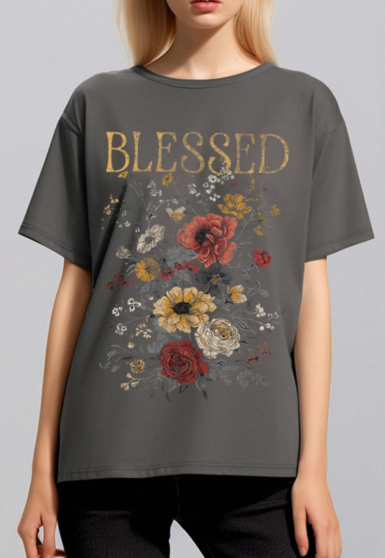 LTF37 kaos oversize wanita dark grey washed washing efek kaos band grunge distressed "blessed flowers" abu tua