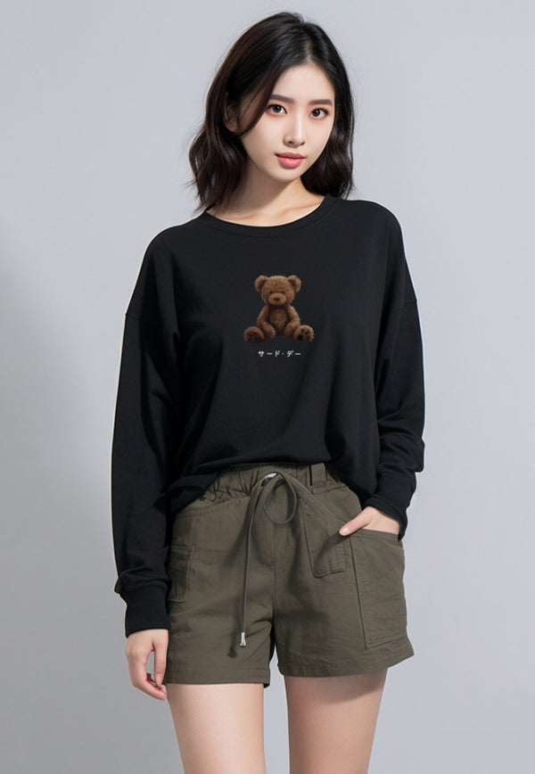 LTF40 kaos lengan panjang wanita long sleeve LV "teddy bear katakana" hitam