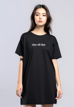 LTF44 long loose dress daster kaos wanita casual instacool LD "slay all day" hitam