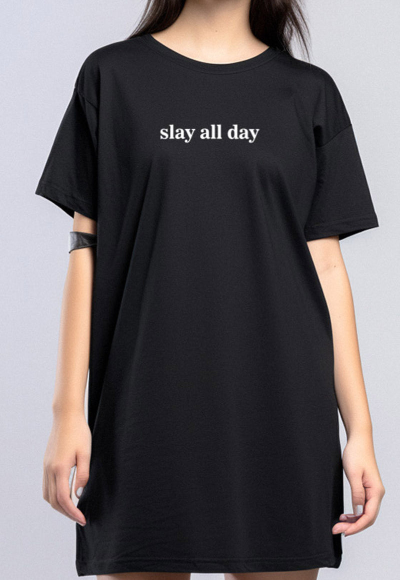 LTF44 long loose dress daster kaos wanita casual instacool LD "slay all day" hitam