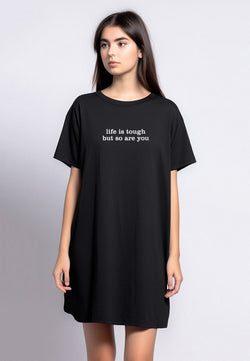 LTF47 long loose dress daster kaos wanita casual instacool LD "life is tough" hitam