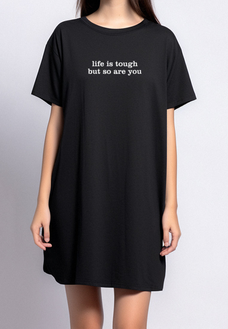 LTF47 long loose dress daster kaos wanita casual instacool LD "life is tough" hitam