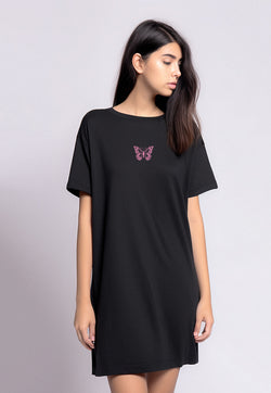 LTF48 long loose dress daster kaos wanita casual instacool LD "pink butterfly" hitam