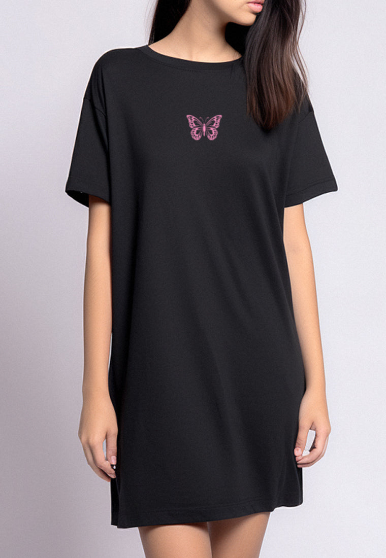 LTF48 long loose dress daster kaos wanita casual instacool LD "pink butterfly" hitam